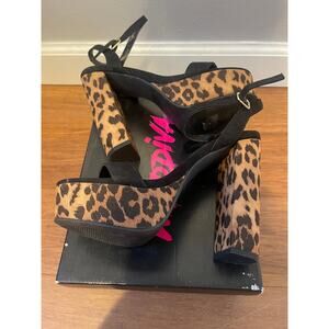 Sexy Leopard and Black Suede Platform Chunky Strappy Heels Pumps
